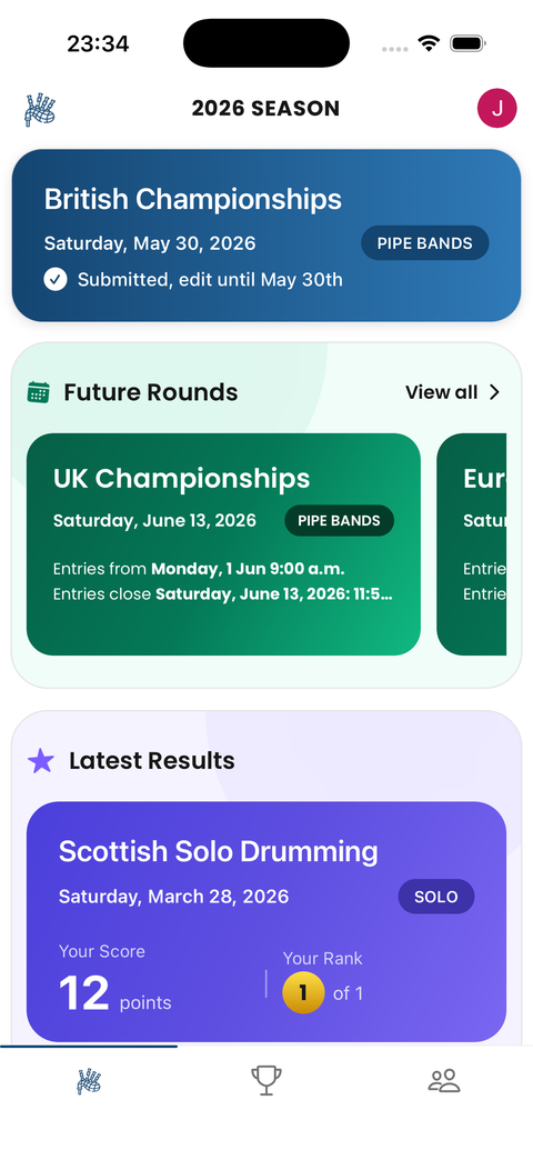 PipeBandPredictor home screen showing the British Championships round, upcoming UK Championships, and a recent solo drumming result.