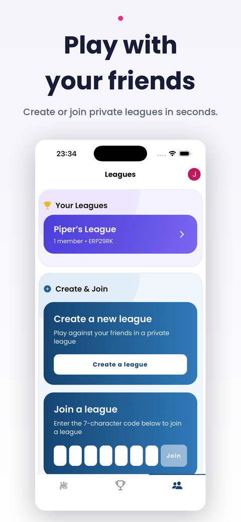 Results and league leaderboard screen
